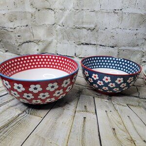 2 Christopher Vine Cotton Bud Red White Blue Flowers 2 Bowls 6” & 7”